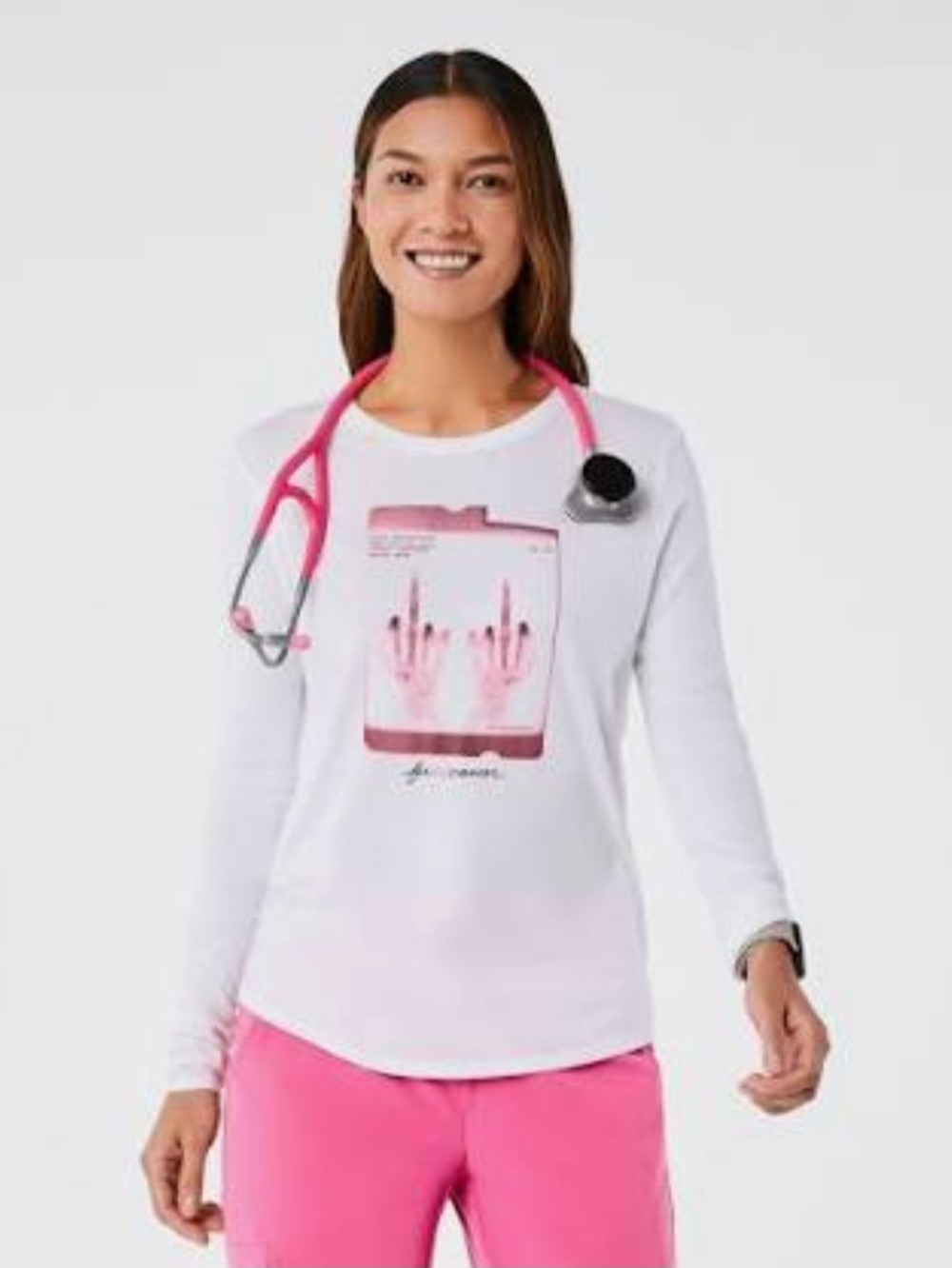 White Medical Graphic Long Sleeve Top with Pink Detail